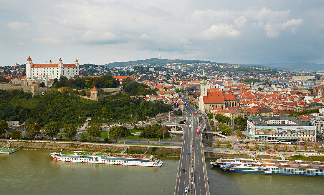 View at the castle and St. Martin's Cathedral at Bratislava (Pressburg) on the river Danube , Slovakia , Europe
