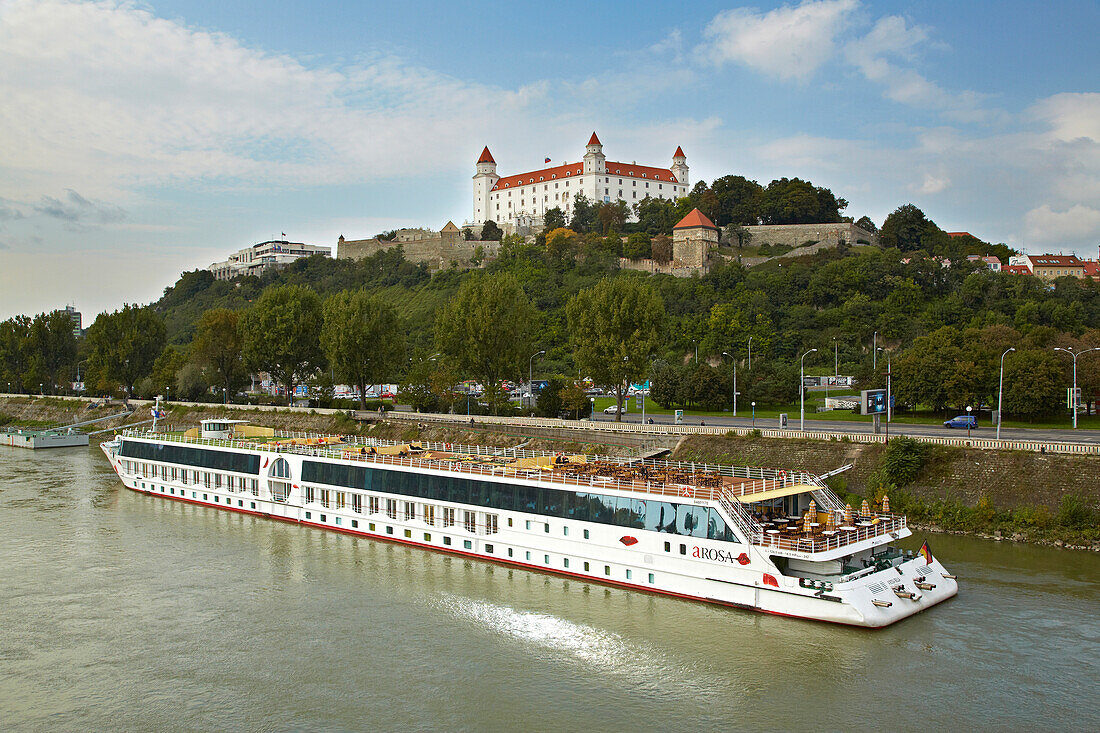 View at the castle and Parliament at Bratislava (Pressburg) on the river Danube , Slovakia , Europe