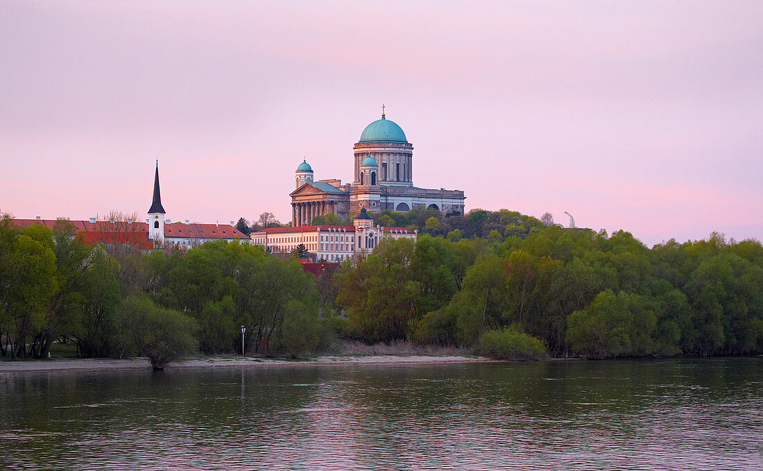 View over the  river Danube at  Esztergom Basilica and castle from Esztergom , Hungary , Europe