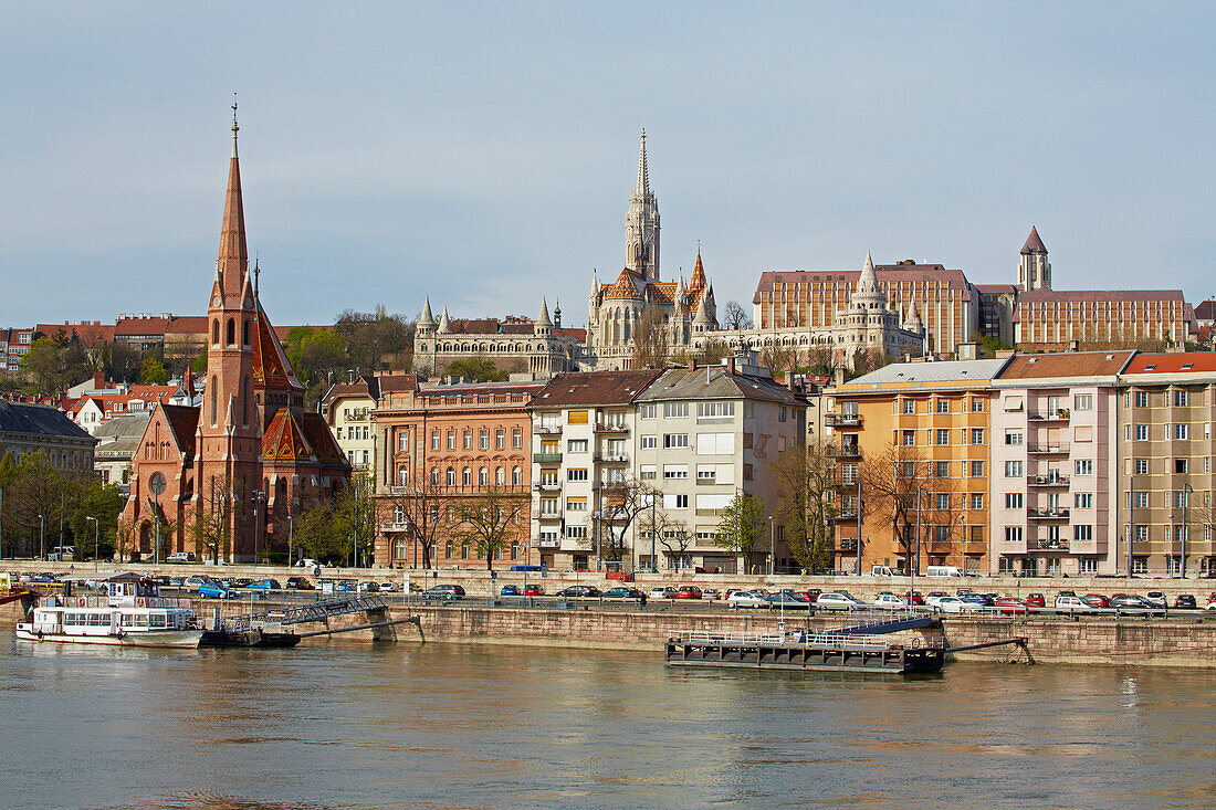 Budapest , Matthiaskirche and Fisherman's Bastion and Calvinist' Church at Buda , River Danube , Hungary , Europe