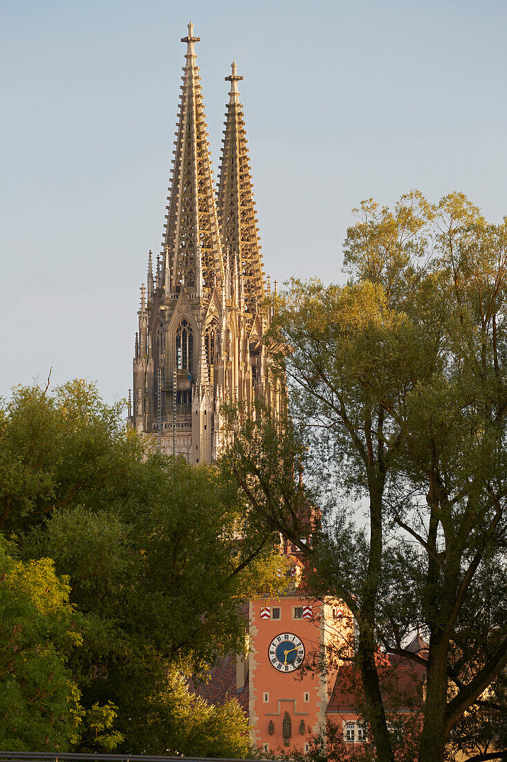 Cathedral and Bridge Tower at Regensburg , Danube , Bavaria , Germany , Europe