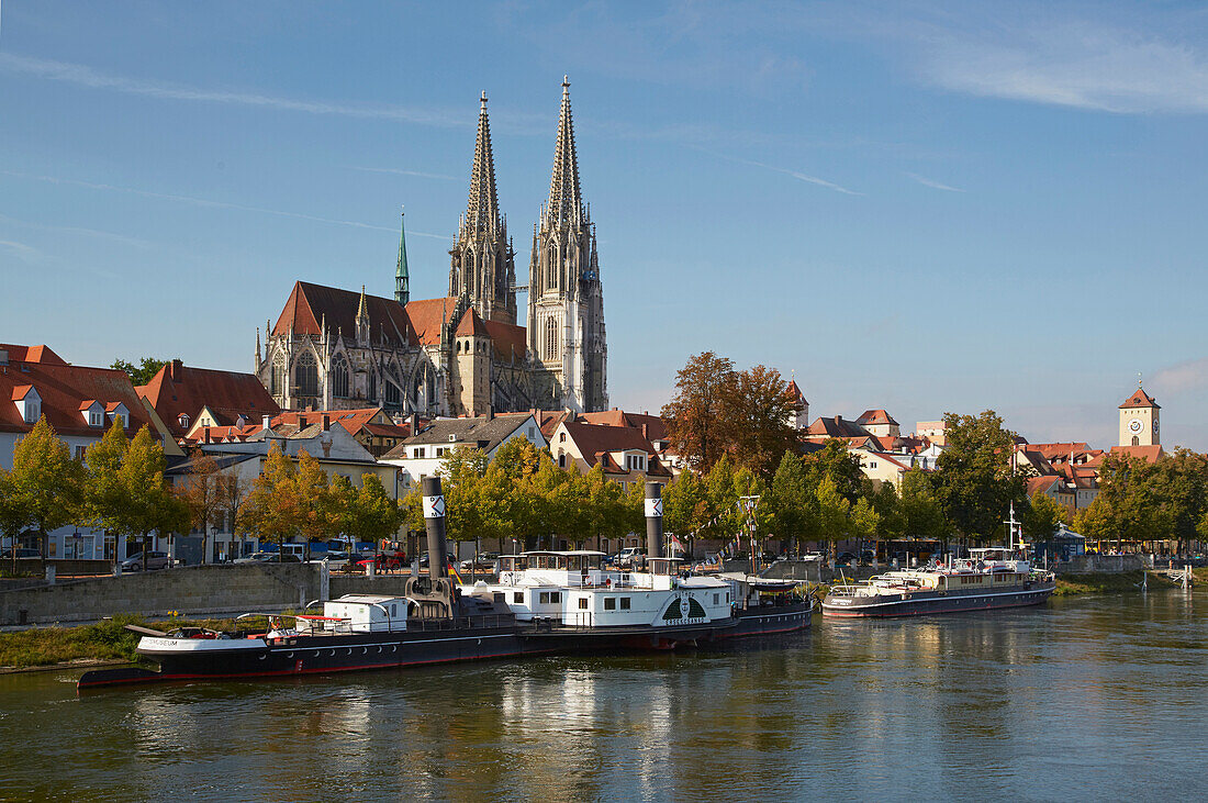 Cathedral and bank of the river Danube at Regensburg , Bavaria , Germany , Europe