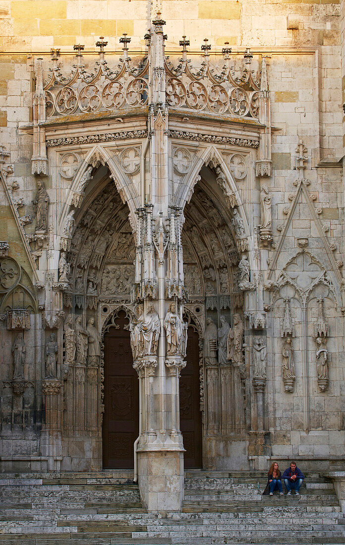 Sculptures at the Western side of the Cathedral at Regensburg on the river Danube , Bavaria , Germany , Europe