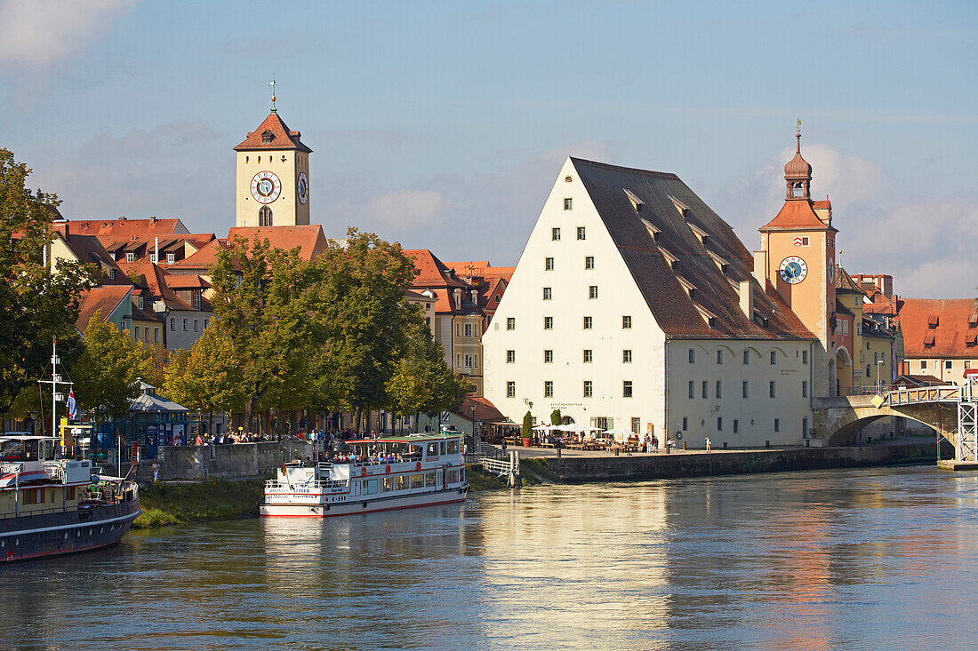 Bridge Tower and Salzstadel and bank of the river Danube at Regensburg , Bavaria , Germany , Europe