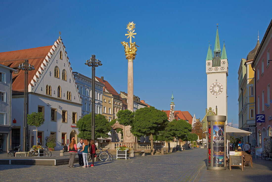 Theresienplatz and Stadtturm and Dreifaltigkeitssäule at Straubing , Bavaria , Germany , Europe