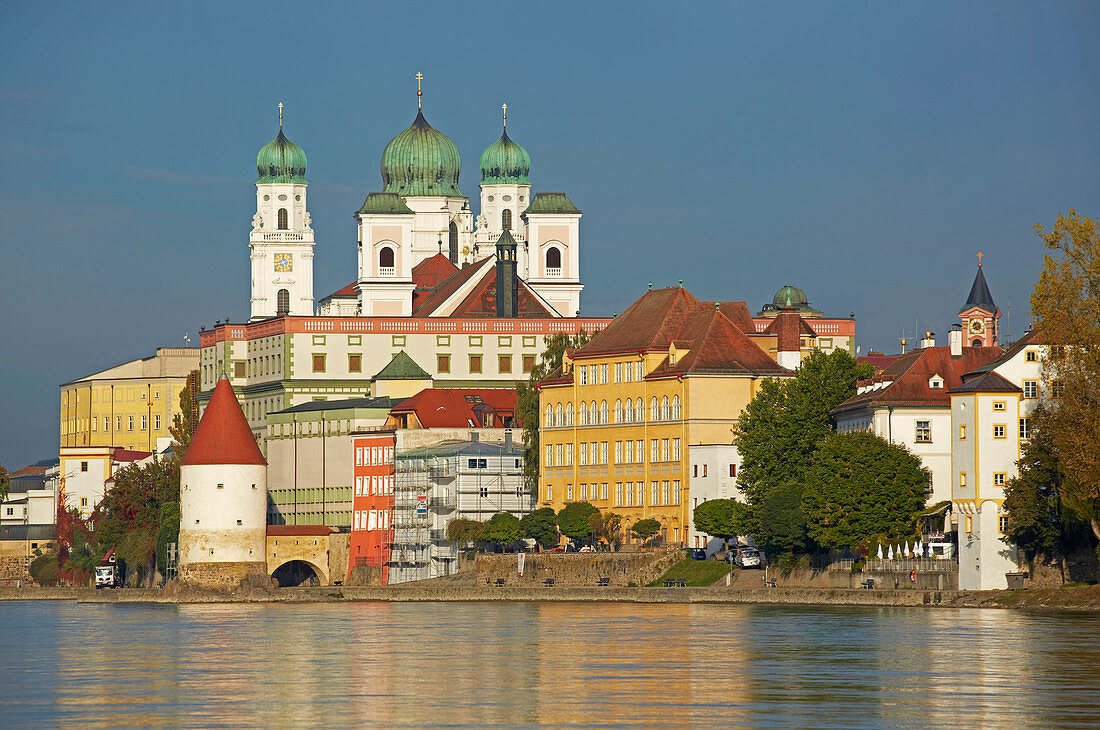 View across at the River Inn at the old city with the Cathedral and Schaiblingsturm , Passau , Bavaria , Germany , Europe