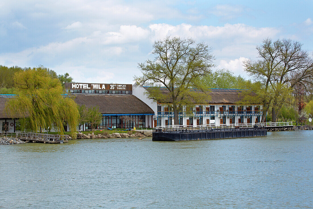 Hotel Mila 35 in the Danube Delta at the Tulcea branch of the Danube , Romania , Europe