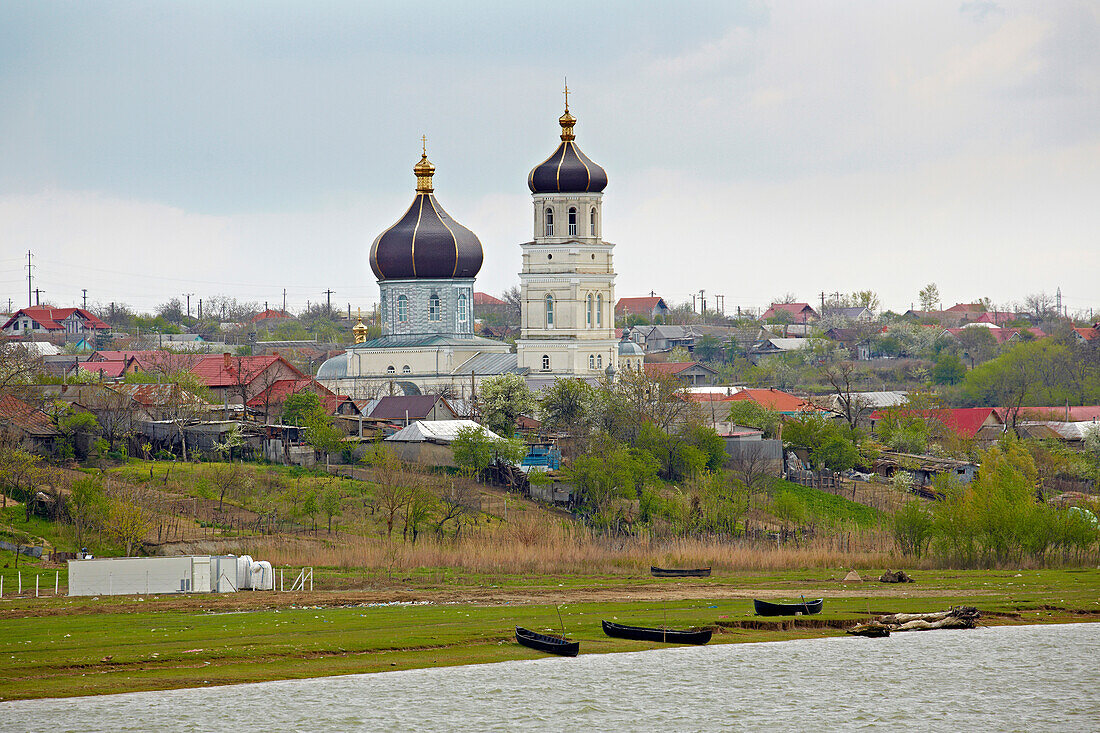 View at the church and village of Ghindaresti (near Harsova) , River Danube , Romania , Europe