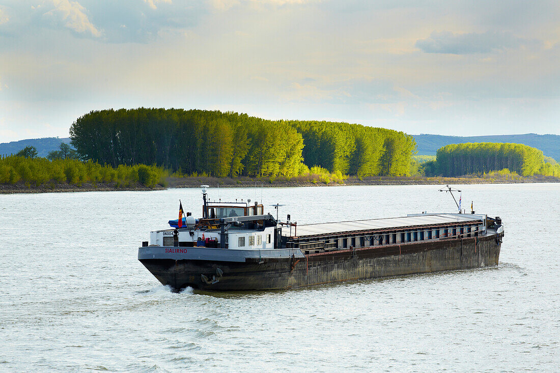 Freighter on the river Danube near Petrosani , Bulgaria , Romania , Europe