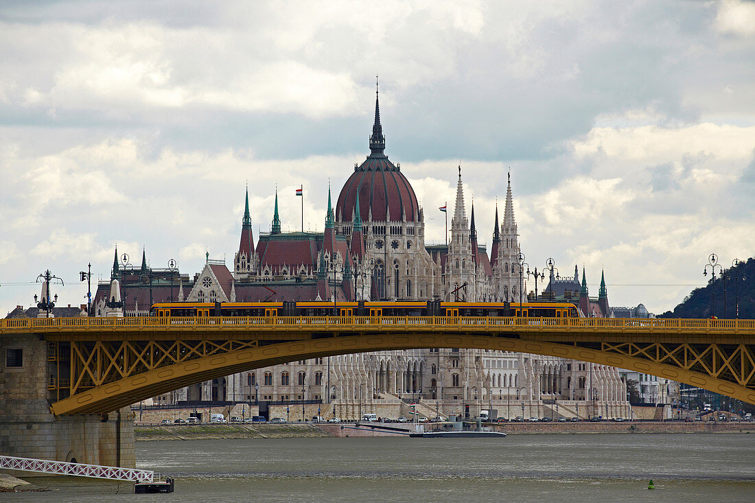 Budapest , Margret Bridge and Houses of Parliament at Pest , River Danube , Hungary , Europe