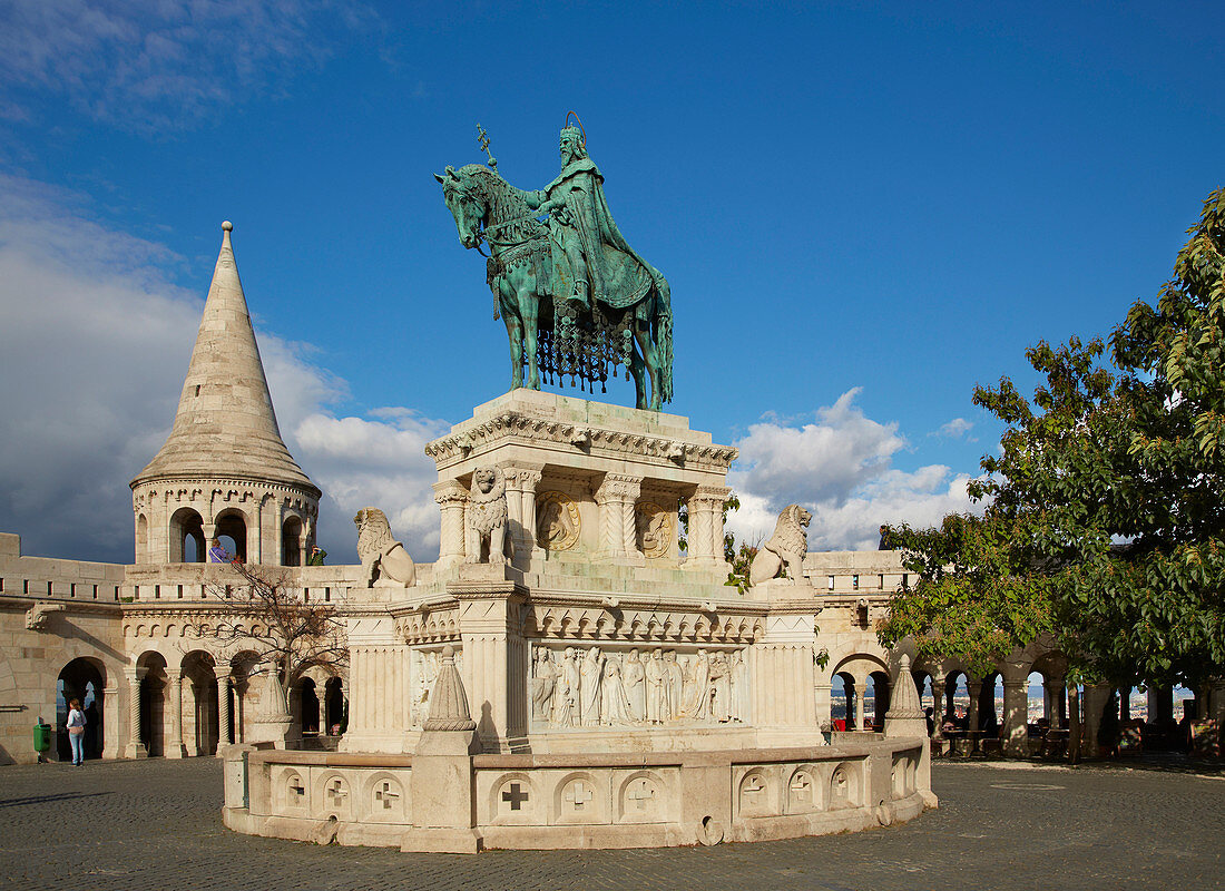 Budapest , Statue of Stephan at Fisherman's Bastion at Buda , River Danube , Hungary , Europe