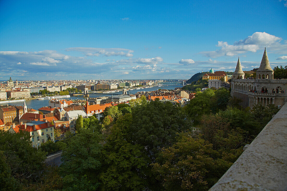 Budapest , View from Fisherman's Bastion at Buda across the river Danube at Pest , River Danube , Hungary , Europe