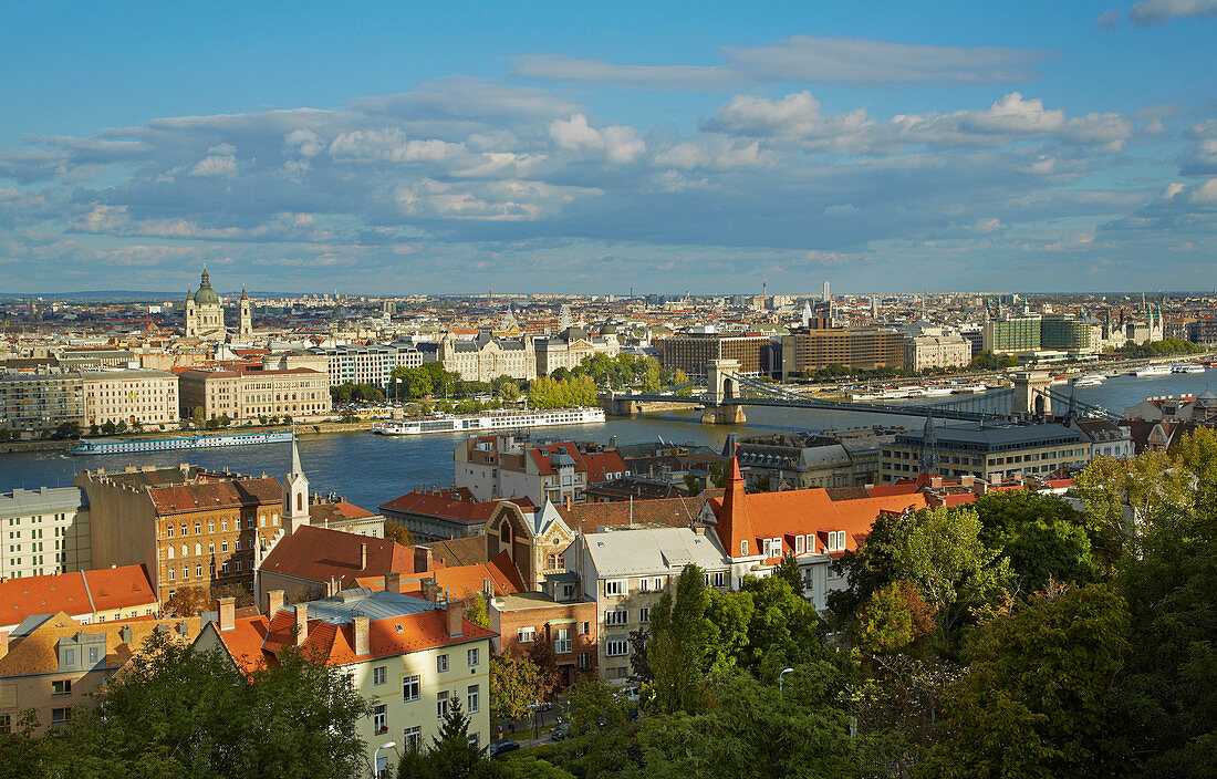 Budapest , View from Fisherman's Bastion in Buda across the river Danube at Pest , River Danube , Hungary , Europe