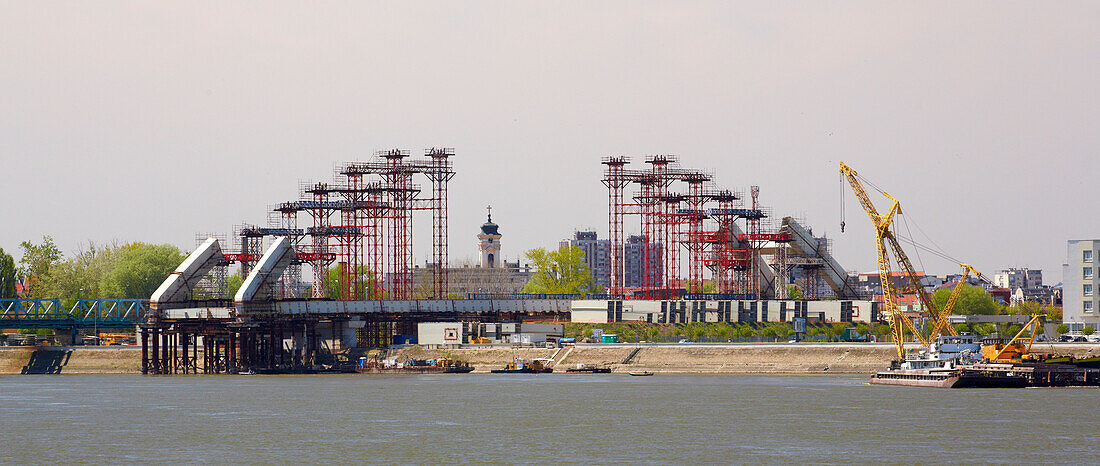 Construction of the new bridge from Novi Sad to Petrovaradin , River Danube , Serbia , Europe