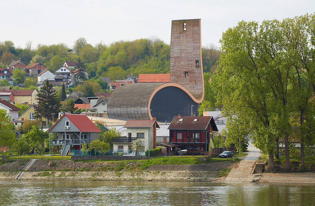 View at Aljimas with church, River Danube (km 1380) , Croatia , Europe