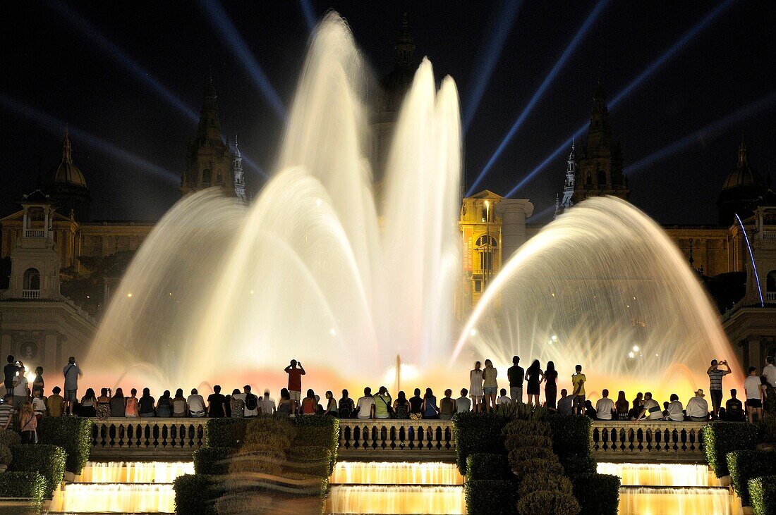 Magic Fountain of Montjuïc, Fuente mágica de Montjuic is a fountain located at the head of Avenida Maria Cristina in the Montjuïc neighborhood of Barcelona, Catalonia, Spain. The fountain is situated below the Palau Nacional, MNAC, Museu Naciaonal d´Art d
