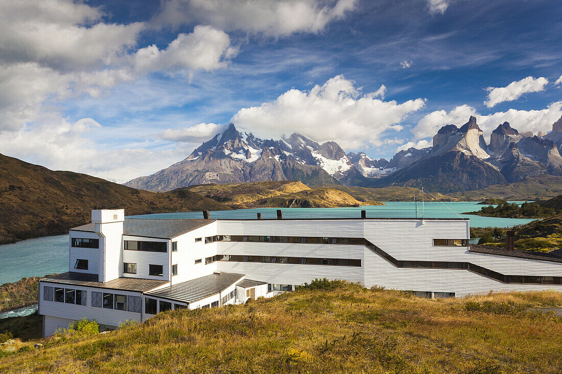 Chile, Magallanes Region, Torres del Paine National Park, Lago Pehoe, Explora Hotel, morning.