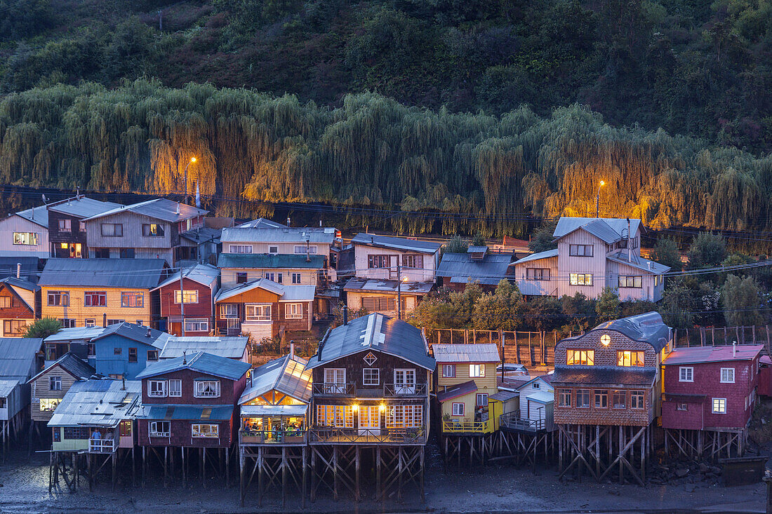 Chile, Chiloe Island, Castro, palafito stilt houses, elevated view.