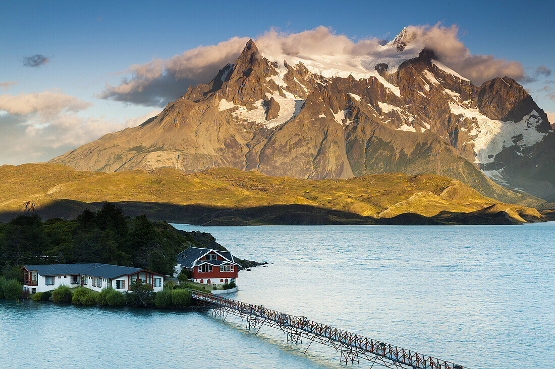 Chile, Magallanes Region, Torres del Paine National Park, Lago Pehoe, elevated view of Hosteria Pehoe, dawn.