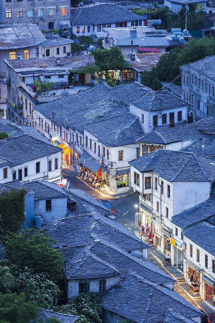 Albania, Gjirokastra, elevated town view from the castle, dusk.