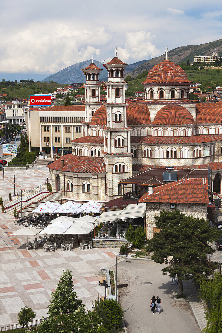 Albania, Korca, the Orthodox Cathedral, elevated view along the Boulevard Republika.