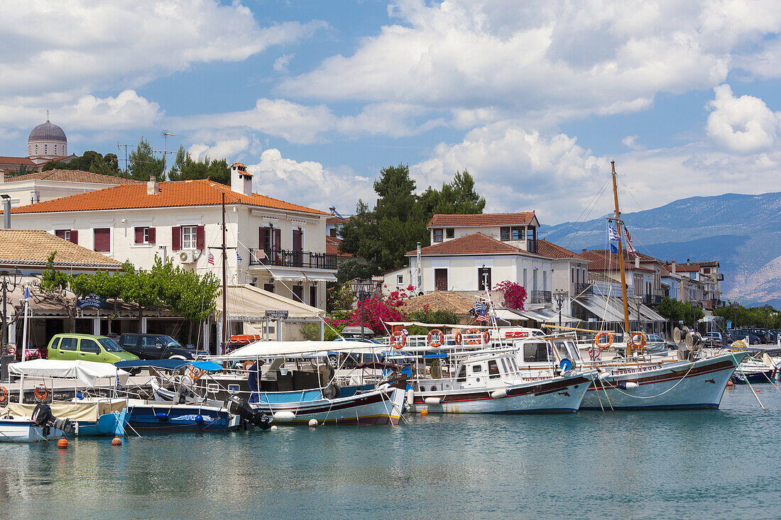 Greece, Central Greece Region, Galaxidi, view of town and harbor.