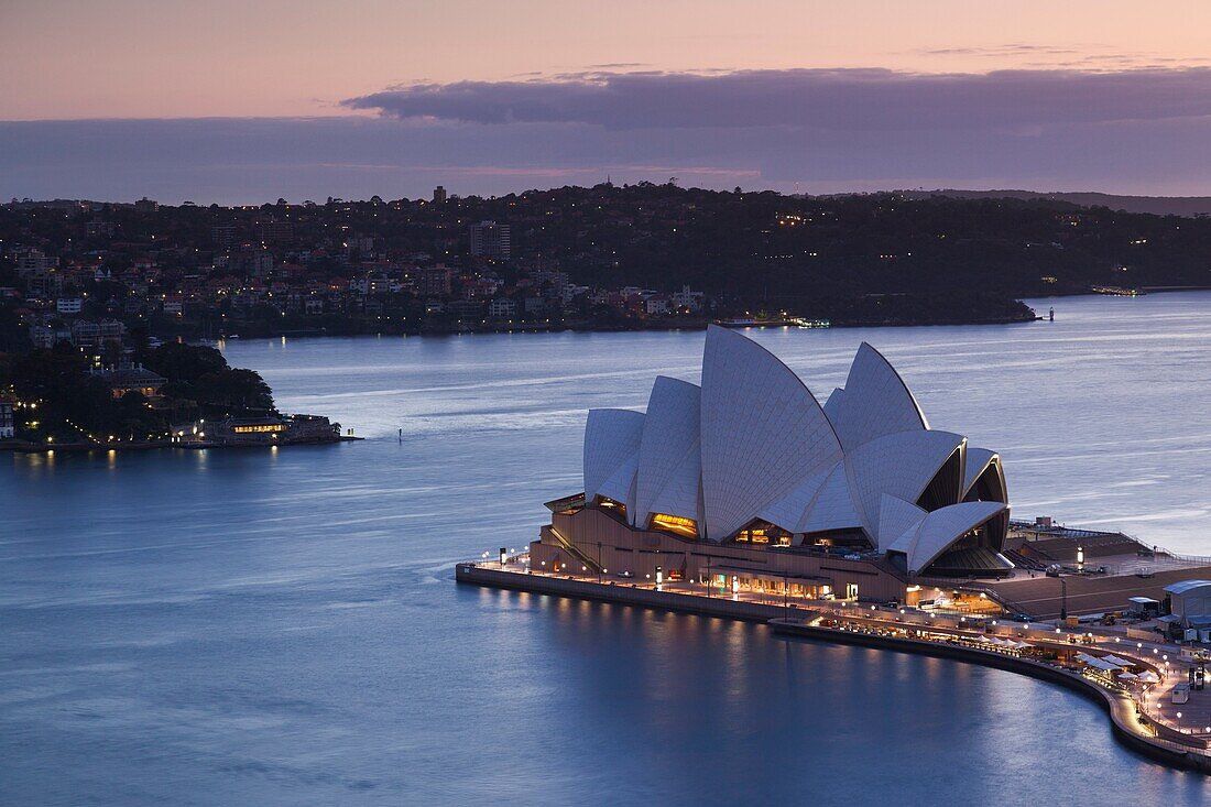 Australia, New South Wales, NSW, Sydney, Sydney Opera House, elevated view, dusk.
