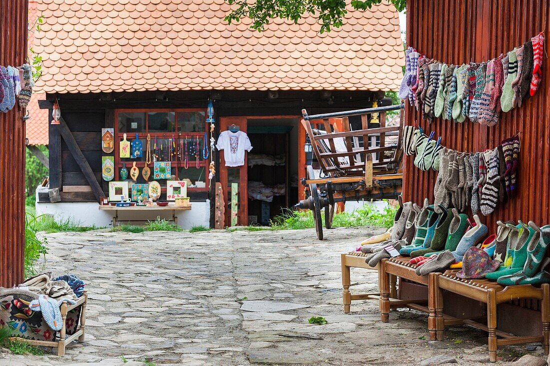 Romania, Transylvania, Viscri, traditional Romanian village, supported by Prince Charles of England, hand knit souvenir socks.