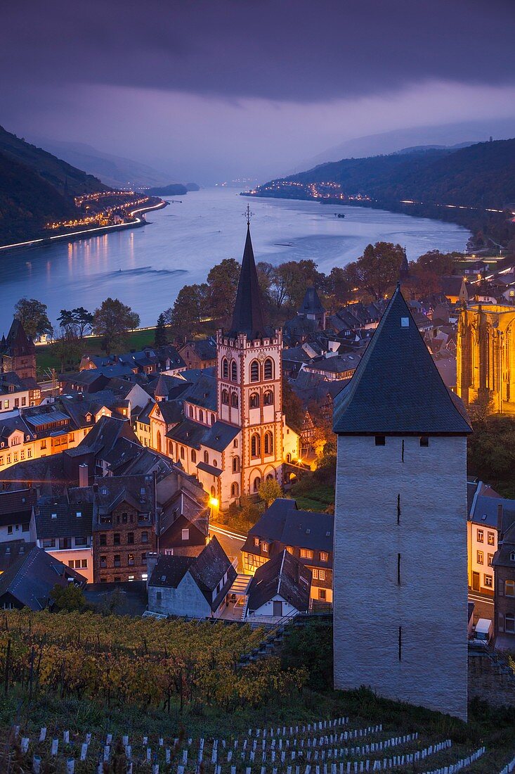 Germany, Rheinland-Pfalz, Bacharach, elevated town view, dusk.