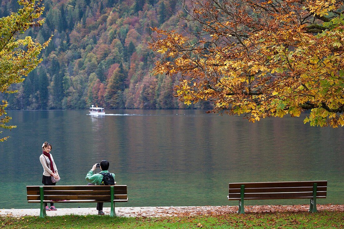Germany, Bavaria, Konigsee, St. Bartholoma, fall foliage.