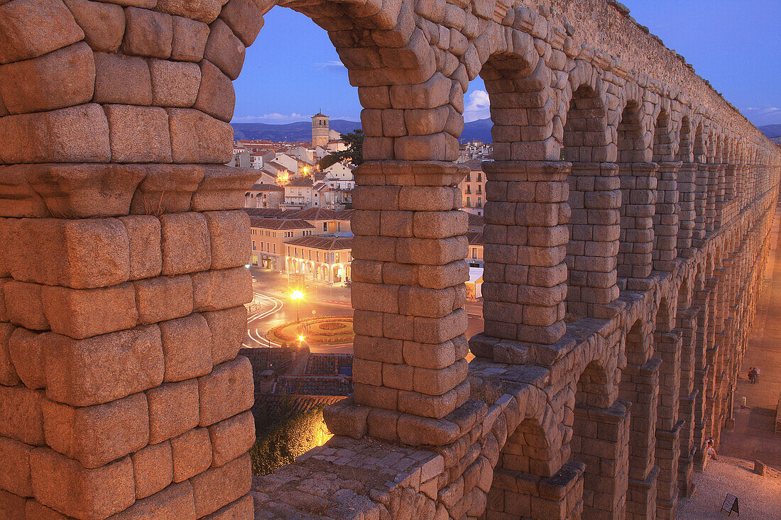 first century Roman aqueduct in the square Azoguejo. Segovia.