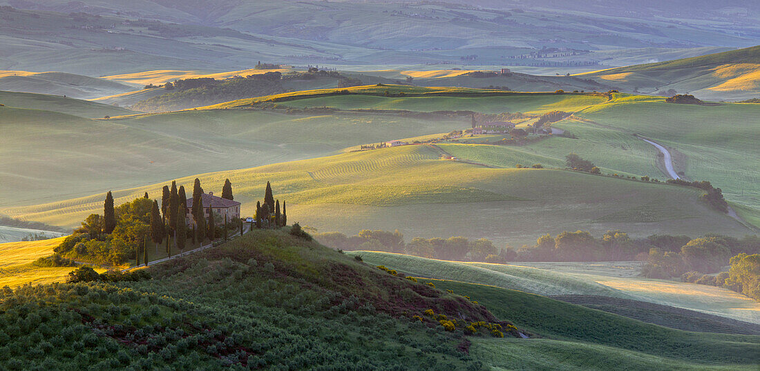 Podere Belvedere, San Quirico d'Orcia, Siena, Tuscan, Italy. Sunrise in Podere Belvedere
