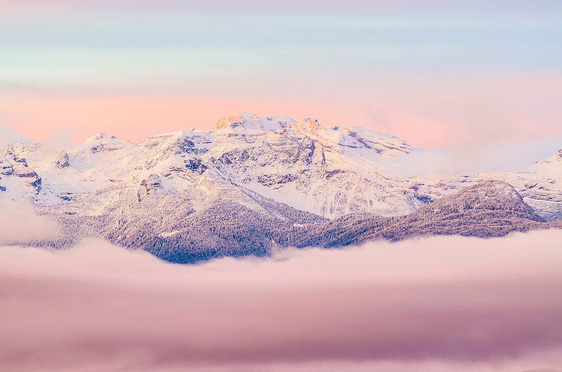 Italy, Trentino Alto Adige, Maddalene group, Cima Olmi in a wintertime sunrise.