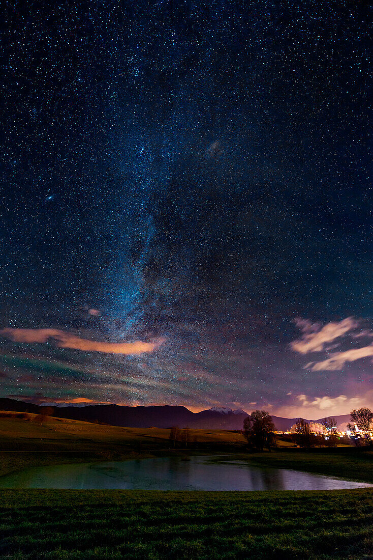 Italy, Trentino Alto Adige, starry night over lake of prairies of Non valley.