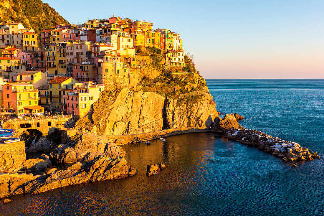 Manarola, Cinque Terre, Liguria, Italy. Sunset over the town, view from a vantage point