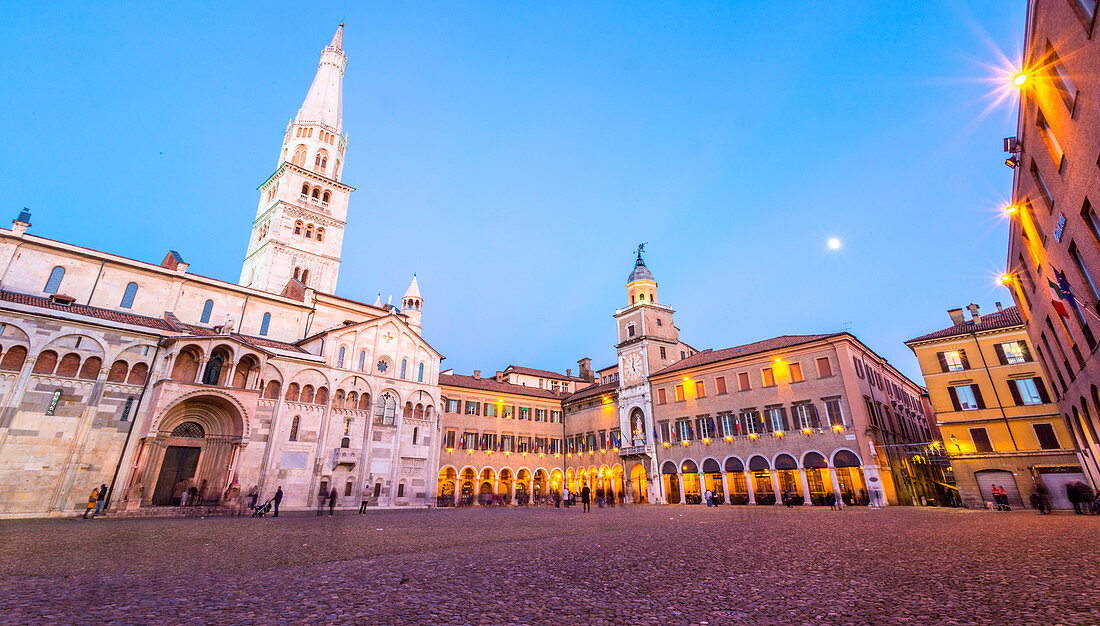 Modena, Emilia Romagna, Italy. Piazza Grande and Duomo Cathedral at sunset.