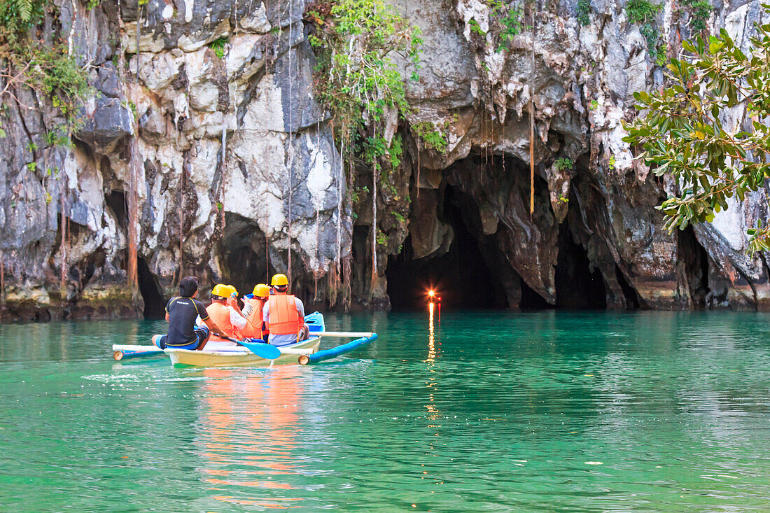 Puerto Princesa, Philippines. Visitors enter the Subterranean River in Puerto Princessa.The Underground River is one of the New 7 Wonders of Nature.