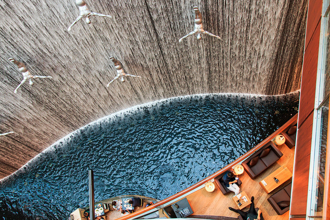 Dubai, United Arab Emirates. Waterfall in Dubai Mall, world's largest shopping mall based on total area