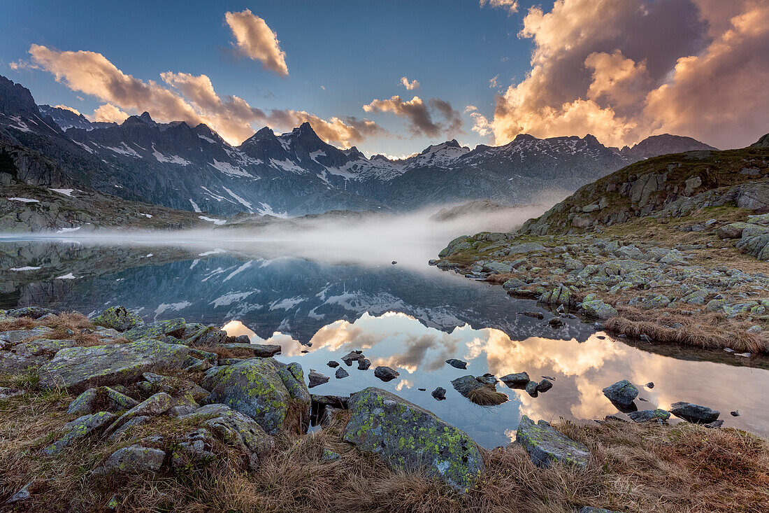 Lago Nero, Adamello-Brenta geopark, Trentino-Alto Adige, Italy. A sunset at Black lake into the Adamello-Brenta natural park