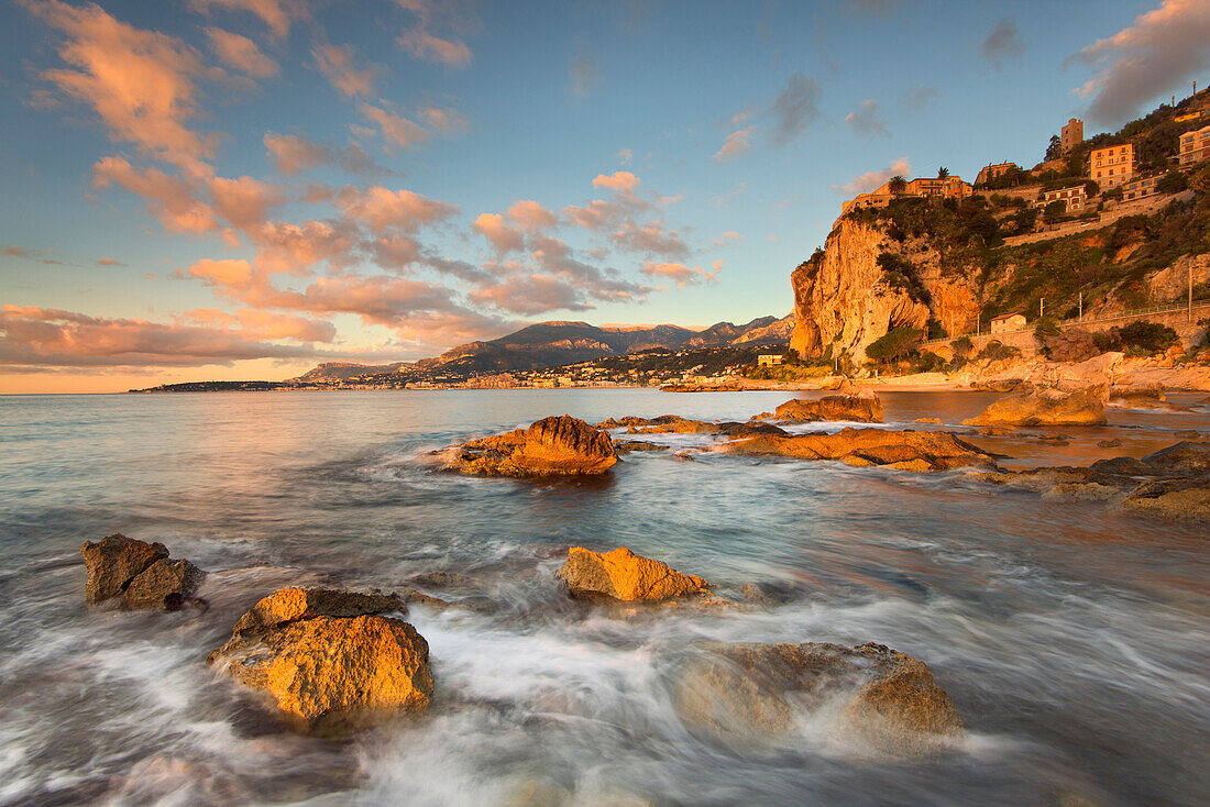 Italy, Liguria, Imperia district, Ventimiglia - Balzi Rossi at sunrise