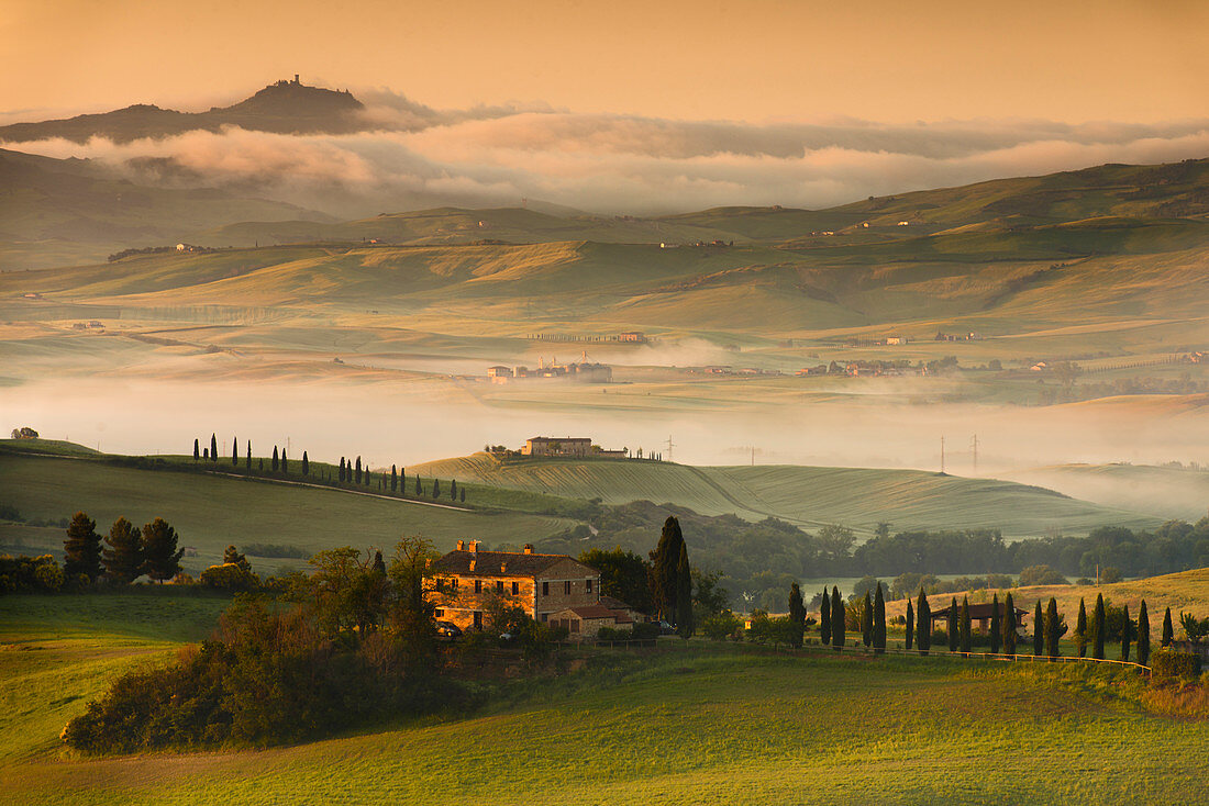 Italy, Tuscany, Siena District, Orcia Valley - Farmhouse at sunrise