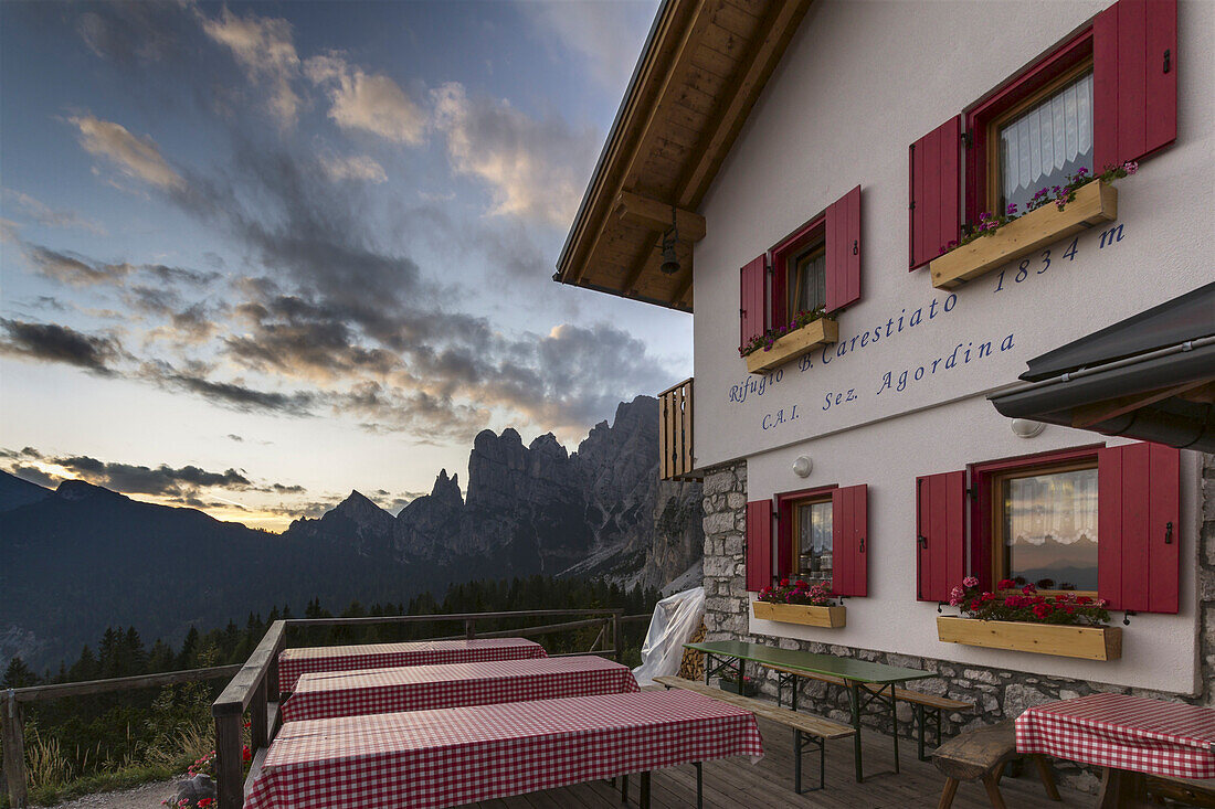 Europe, Italy, Veneto, Agordino. The Carestiato hut in the Civetta Moiazza group at sunset, Dolomites