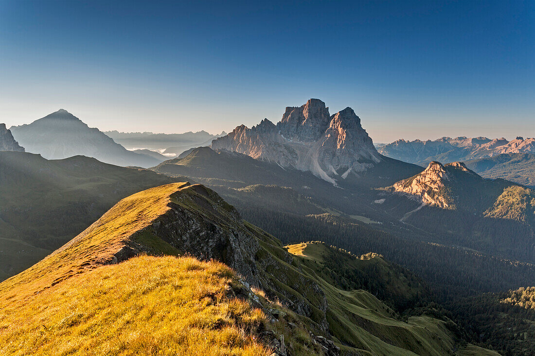 Europe, Italy, Veneto. View towards mount Pelmo as seen from the Mondeval or Corvo Alto. Seva di Cadore, Fiorentina valley, Belluno, Dolomites