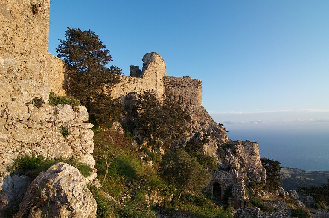 Kantara castle ruin on a mountain overlooking the Karpaz Peninsula, North Cyprus