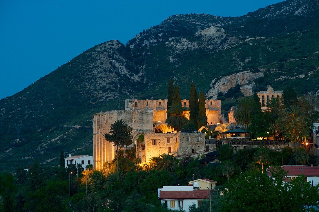 lit Bellapais monastry near Girne in the evening,  North Cyprus