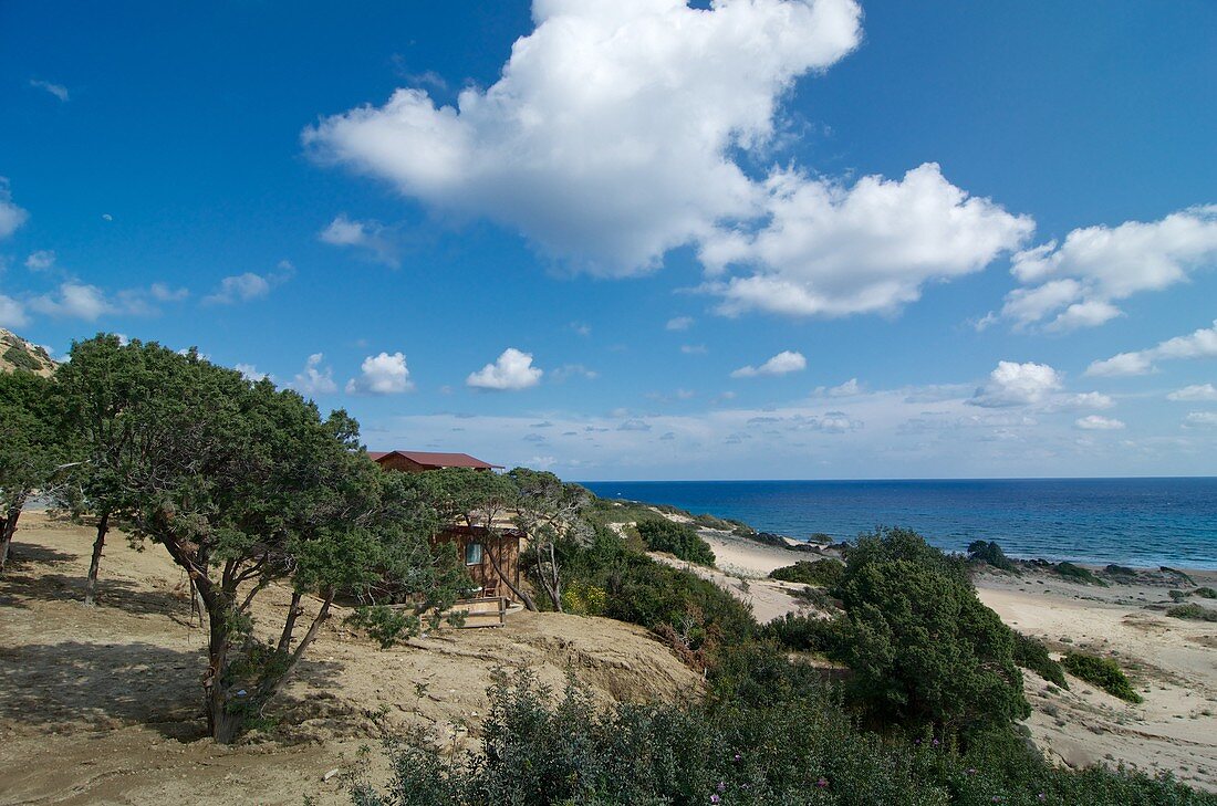 Golden Sand Beach, view from hill with bungalows  to the sea, Karpaz Peninsula, North Cyprus