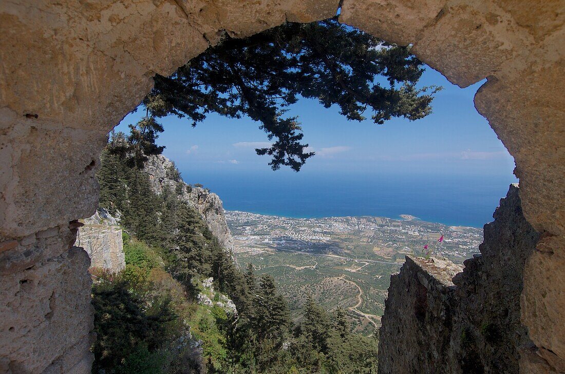 St. Hilarion Castle in the Pentadaktylos mountains high above Girne,  view through window down to the coast, North Cyprus
