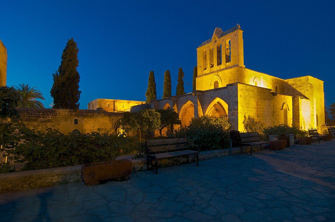 lit Bellapais Monastry after sunset, Bellapais near Keryneia, Firne, North Cyprus