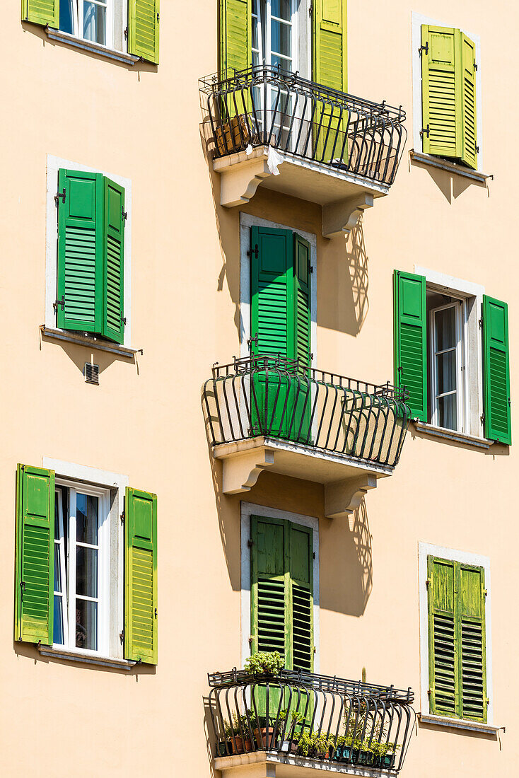 A typical residence house in the Old Town with balconies and window shutters, Trento, Trentino, South Tirol, Alto Adige, Italy