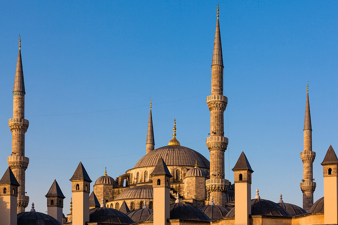 Blaue Moschee, Sultan-Ahmed-Moschee, Minarette und die Kuppel der Moschee im Morgenlicht, Istanbul, Türkei